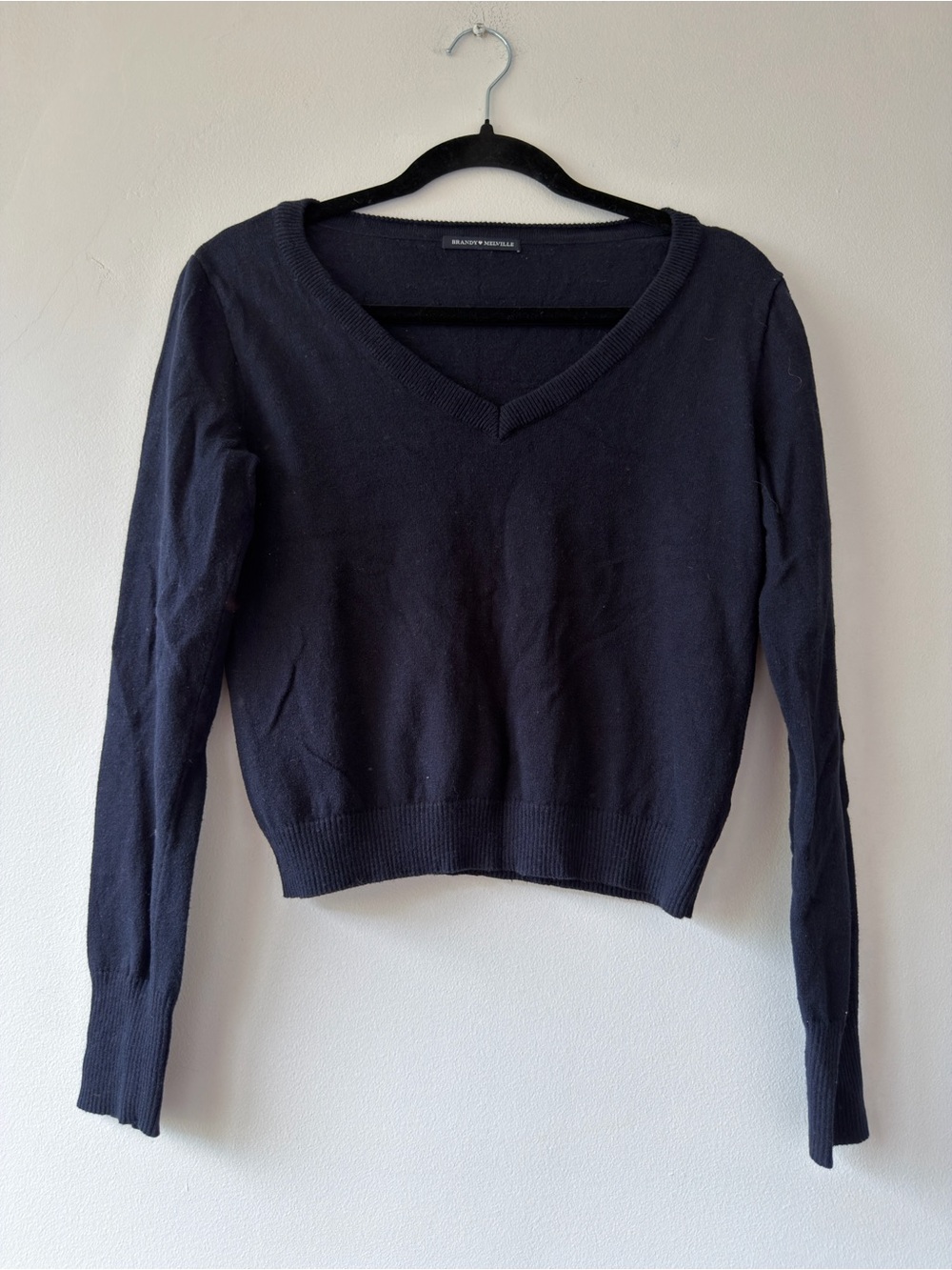 Brandy Melville Navy Blue Cotton Cashmere V-Neck Cropped Sweater One Size